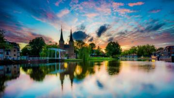 Image Netherlands Delft River Evening Houses Cities