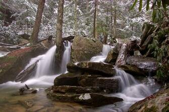 Forest Winter Rocks Waterfall Nature Wallpaper