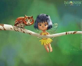 Cute Little Fairy And The Owl Cartoon Wallpaper Funny Illustration