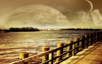 Moon Surreal Wallpaper Bridge Ocean Stock Photos