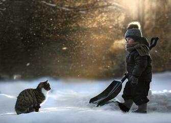 Cats Winter Hat Snow Boys Children Animals Wallpaper Background