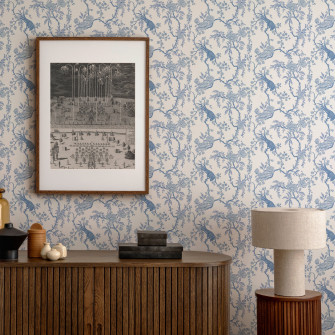 Floral Bird Toile Blue Wallpaper Mitchell Black