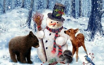 Wide Cute Painting Snowman Winter Animal Deer Dog Wallpaper Background