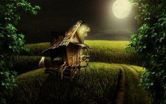 Little Wood House In The Moonlight Wallpaper