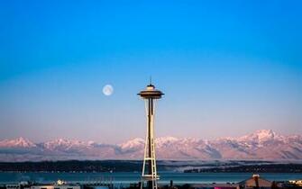 Seattle Washington Space Needle Sky Clouds Mountains