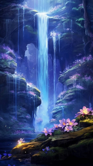 Waterfall Wallpaper Blue Flowers By Aiartshop