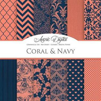 Coral Navy Wedding Digital Paper Mygrafico