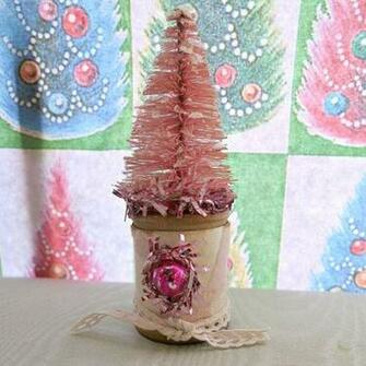 Pink Colored Bottle Brush Tree On Flocked Wallpaper Covered Vint