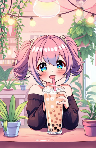 Cute Anime Girl Drinking Boba Wallpaper