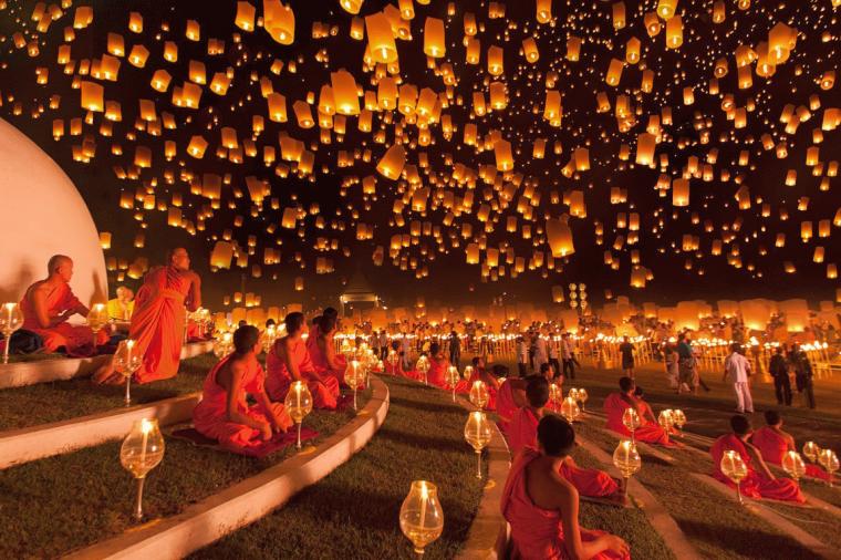 Paper Lanterns Being Released Into The Sky In Thailand