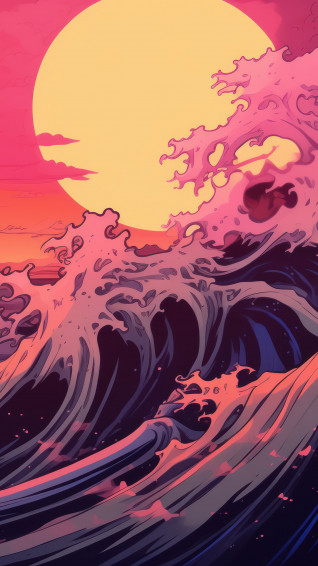 Ocean Wave Sunset Japanese Art 4k Wallpaper iPhone HD Phone 8761m