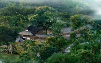 Summer Lodges China Garden Pond From Above Haze Stock