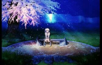 Wallpaper Grass Bench Night River Petals Sakura Flowering