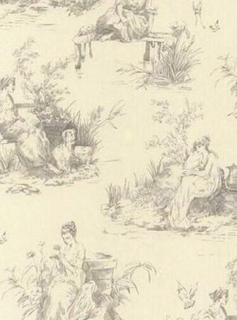 Light Gray French Colonial Toile On Cream Wallpaper Vintage Look