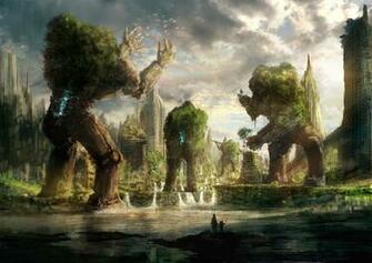 Golem City Giant Fantasy Art Birds Wallpaper