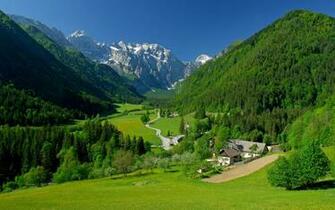 Spring Alpine Valley Mountains Fields Landscape Wallpaper