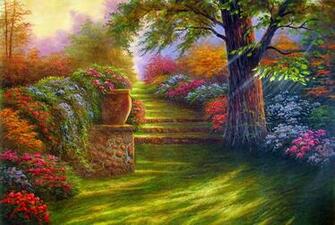 Painting Garden Road Flowers Wallpaper