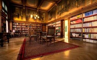 Room Library Brown Books Interior Chairs Bookshelf Rugs Wallpaper