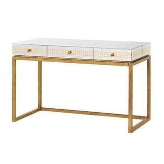 Gold Greek Key Mirror Writing Desk Vanity Drawers Hollywood Glam