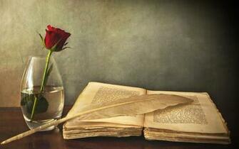 Wallpaper Book Old Pen Table Vase Rose Red Write