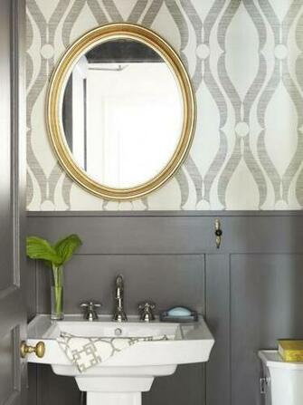 Printed Grass Cloth Wallpaper And Brownish Black Painted Wainscoting