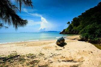 Nature Landscape Beach Sand Sea Hill Trees Shrubs Boat