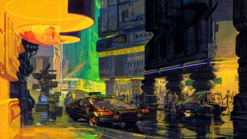 Digital Art Dystopian Painting Street Syd Mead Wallpaper
