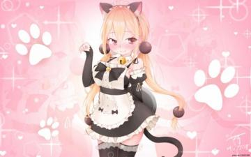 Konachan Apron Bell Blush Catgirl Headdress Long Hair