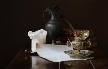 Wallpaper Books Candle Pitcher Still Life Ink Image For