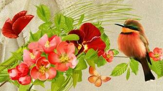 Pretty Birds Flowers Wallpaper