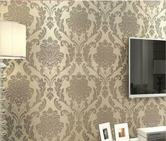 Grey Beige Damask Embossed Textured Flocking Background Wallpaper