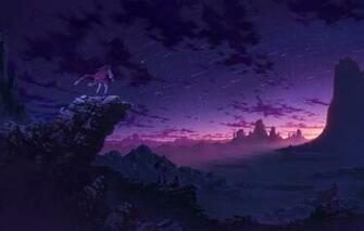 Wallpaper Sunset Mountains Rocks Anime Art Four Starfall