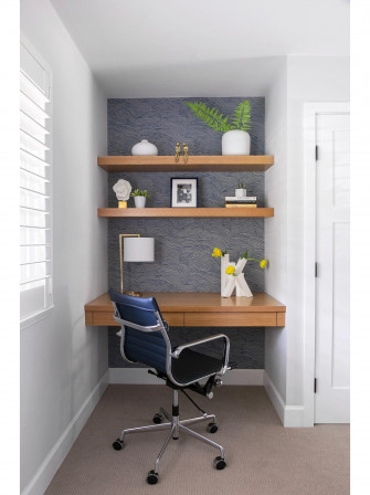 Modern Workspace In Niche With Floating Desk Shelves And Blue Wallpaper On Chairish