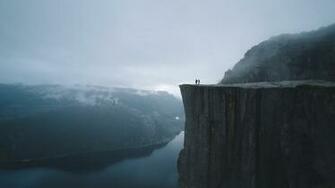 Silhouettes Rock Cliff Lake Mist Stock Photos Image HD