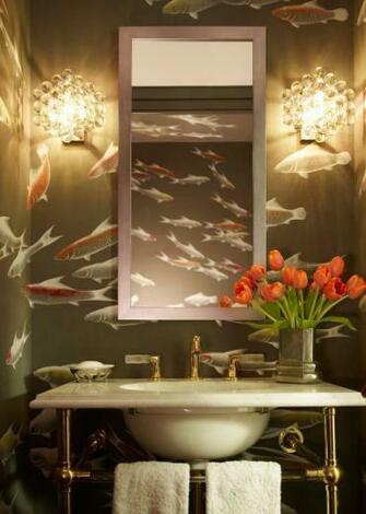 Powder Room With De Gournay Wallpaper And Glass Bubble Sconces