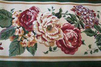 Waverly Wallpaper Border Floral Roses Hydrangeas Tan Green Trim