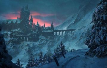 Wallpaper Winter Snow Trees Mountains Bridge Castle Image