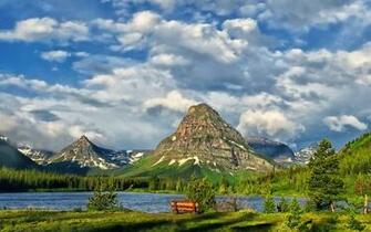 Wallpaper Glacier National Park Lake Mountain Clouds Bench Usa