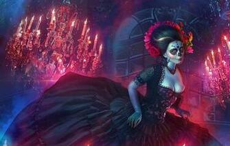 Wallpaper Dia De Los Muertos Day Of The Dead Art Dress Chandelier