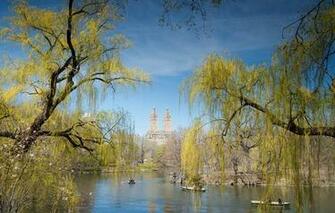 Central Park Sky House Pond Boat People Trees Spring Wallpaper