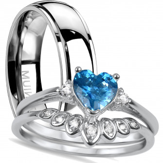 His Hers Aquamarine Cz Heart Bridal Wedding Band Engagement Ring