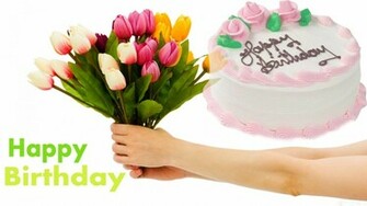 Happy BirtHDay Cake And Flowers Wallpaper HD