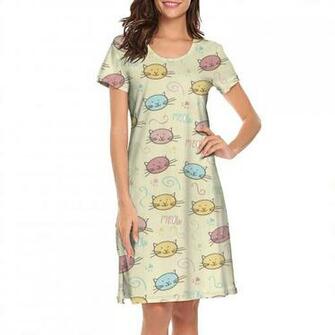 Cotton Short Sleeve Nightgowns Women S Textured Cats White