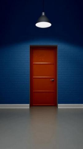 Red Door Blue Bricks Wallpaper HD Pattern Room Lamp