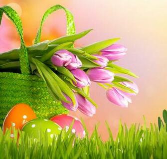 Easter Spring Flowers Tulips Basket Eggs Grass Wallpaper