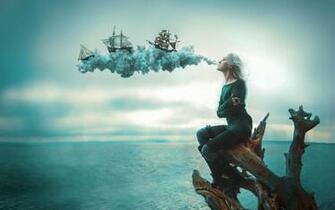 Situations Girl Dream Ships Smoke Gust Blow Ocean Wallpaper HD
