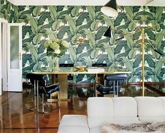 Beverly Hills Banana Leaf Wallpaper Peach Green Grey