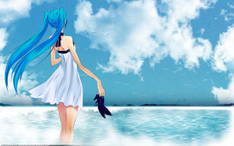 Long Blue Hair Anime Girl At Seaside HD Wallpaper