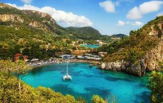Wallpaper Mountains Rocks Bay Yacht Greece Corfu