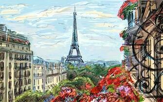 Eiffel Tower Paris Sky Clouds Houses France French Artwork Art